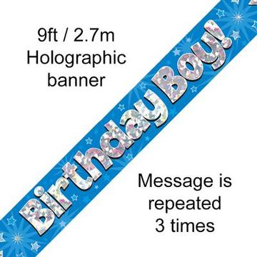 9ft Banner Birthday Boy Blue Holographic - Banners & Bunting